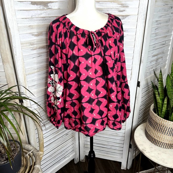 Sundance Women's Hyacinth Batik Print Gauzy Embroidered Top Bright Pink Black L - Picture 3 of 14